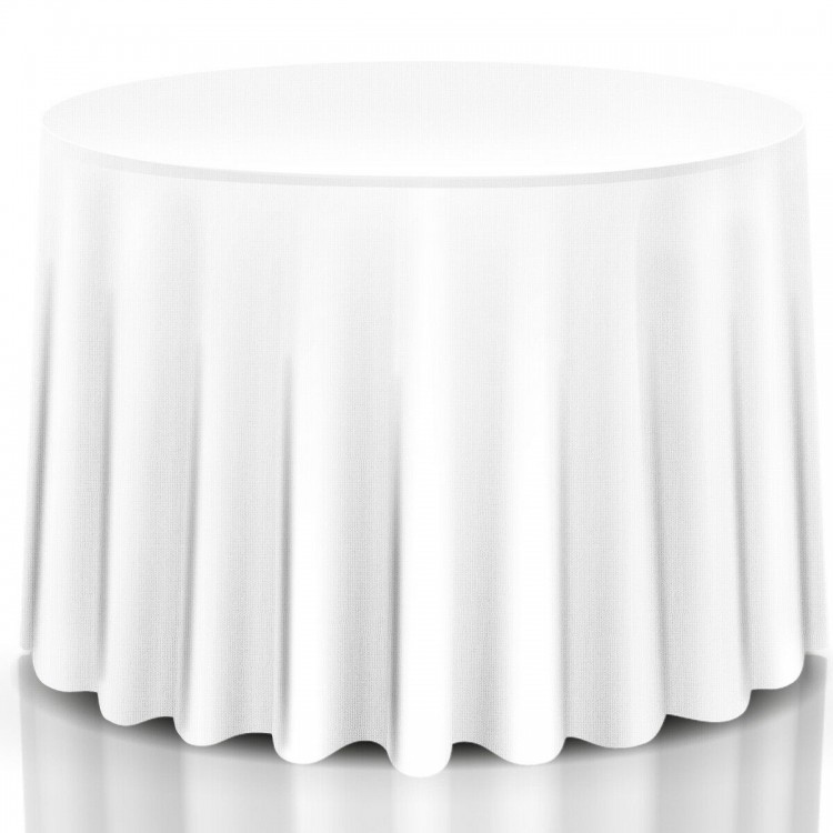 90-inch round tablecloth in white polyester, featuring a smooth surface and elegant design, suitable for various.